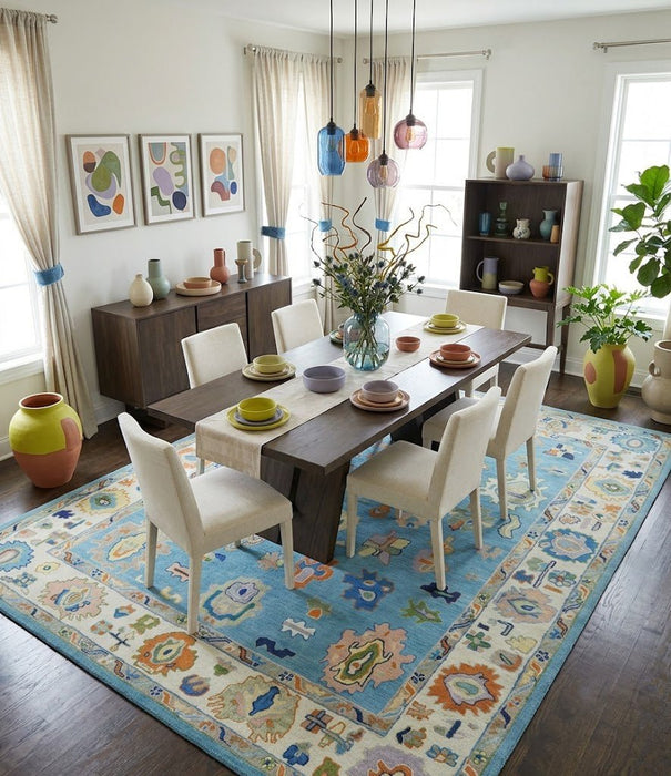 Hand Tufted Blue and Ivory Multi Size Modern Colorful Oushak Rug