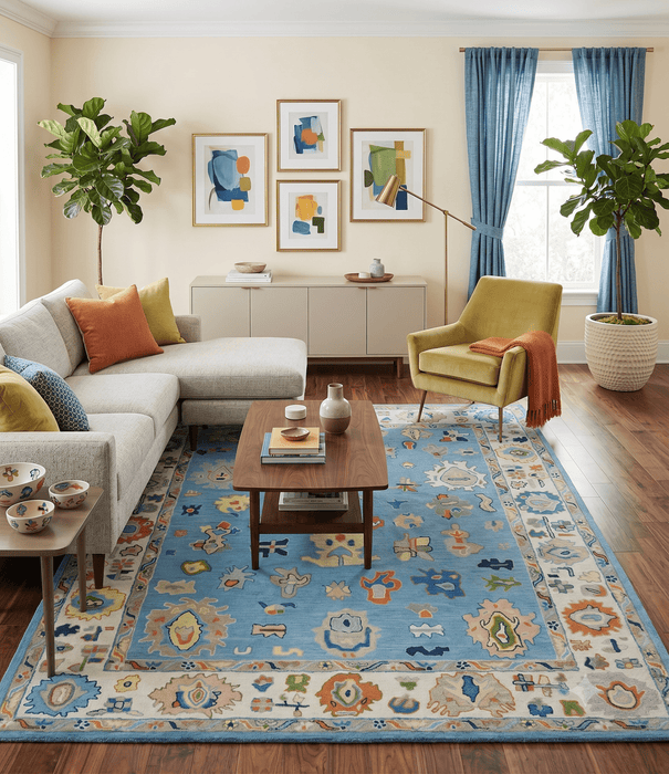Hand Tufted Blue and Ivory Multi Size Modern Colorful Oushak Rug