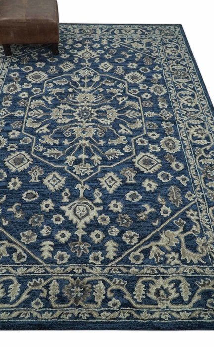 Hand Tufted Blue, Beige and Ivory 5x8 Heriz Serapi style Rug, Kids, Living Room and Bedroom Rug | TRD644158S