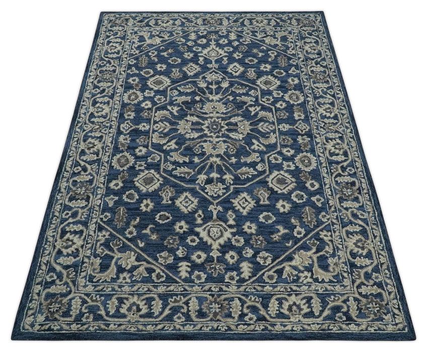 Hand Tufted Blue, Beige and Ivory 5x8 Heriz Serapi style Rug, Kids, Living Room and Bedroom Rug | TRD644158S