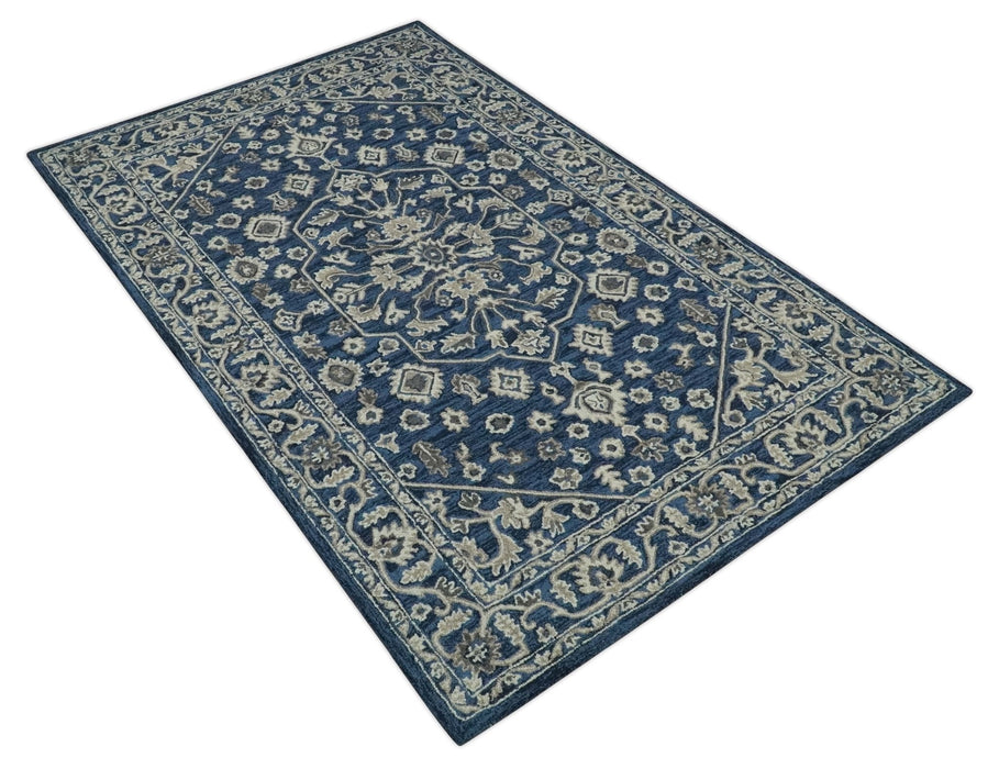 Hand Tufted Blue, Beige and Ivory 5x8 Heriz Serapi style Rug, Kids, Living Room and Bedroom Rug | TRD644158S