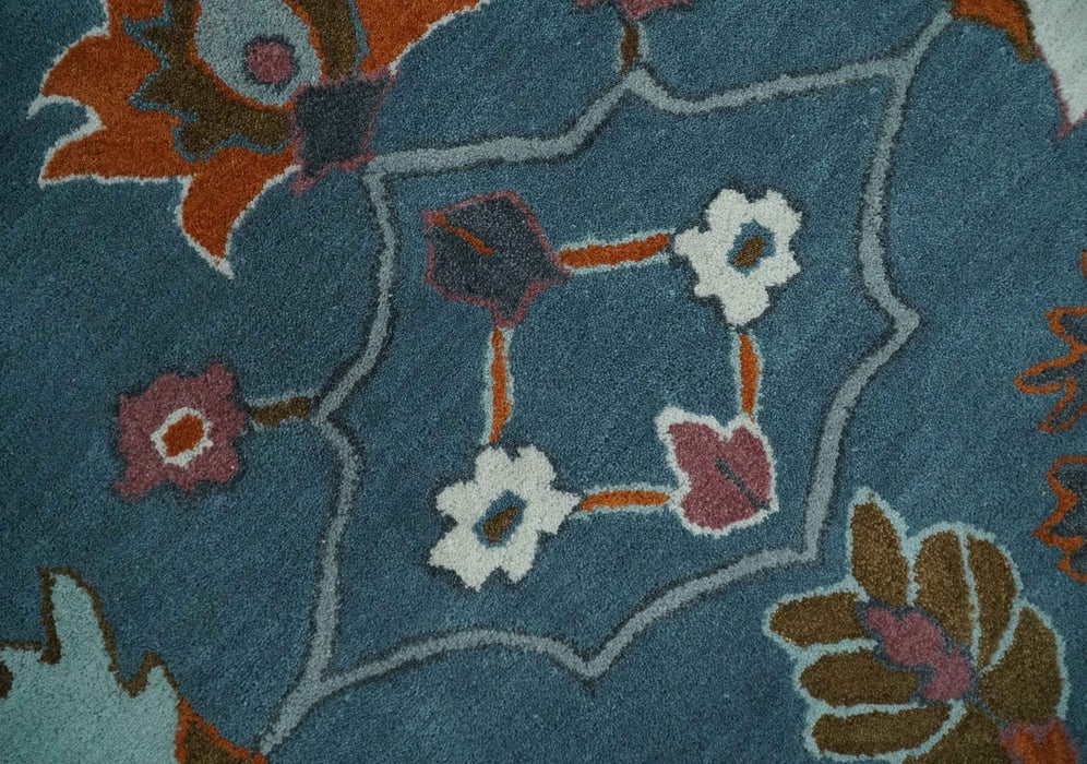 Tree of life Hand Tufted Teal Blue, Brown and Red Traditional Floral Custom Made Wool Area Rug, Kids, Living Room and Bedroom Rug