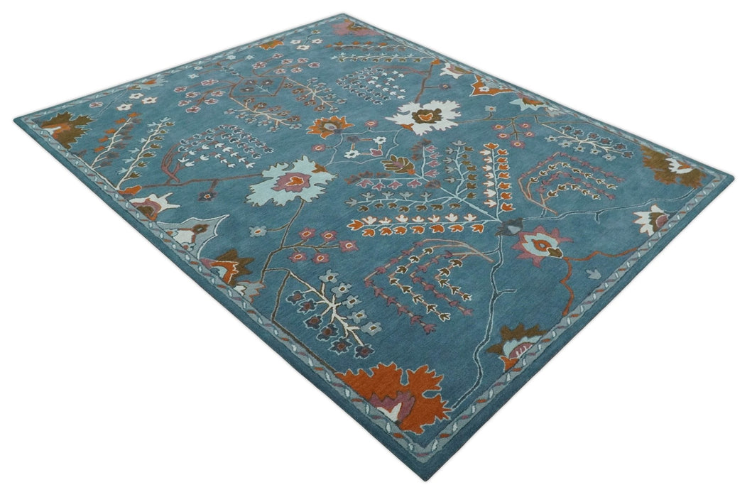 Tree of life Hand Tufted Teal Blue, Brown and Red Traditional Floral Custom Made Wool Area Rug, Kids, Living Room and Bedroom Rug