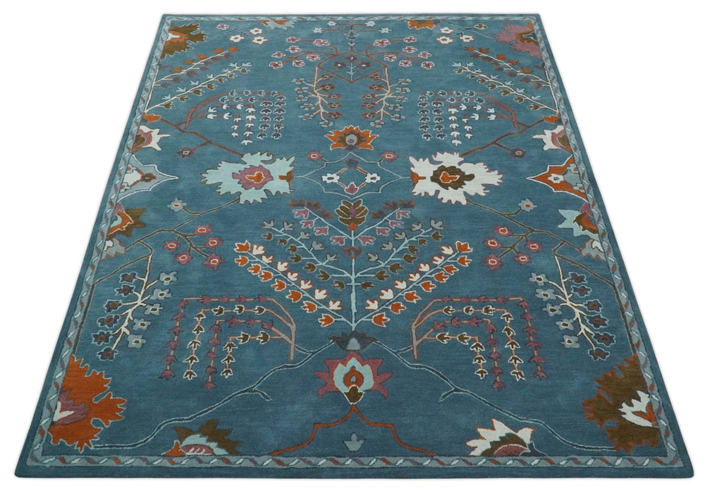 Tree of life Hand Tufted Teal Blue, Brown and Red Traditional Floral Custom Made Wool Area Rug, Kids, Living Room and Bedroom Rug