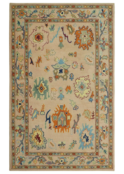 Hand Tufted Pink Peach and Gold Modern Colorful Oushak Rug