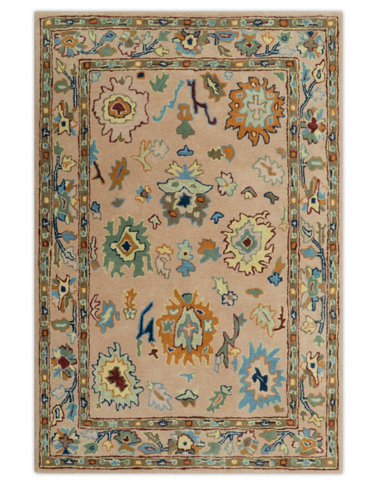 Hand Tufted Pink Peach and Gold Modern Colorful Oushak Rug