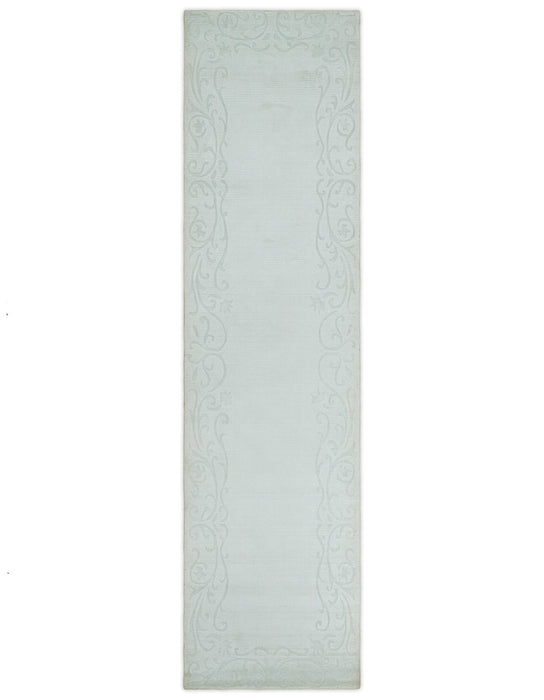 2.6x10 and 5x8 Hand Woven and Carved Silver and Gray Floral Art Silk Rug