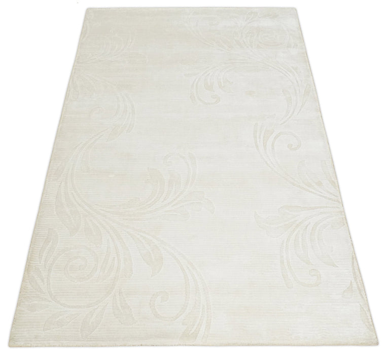 4x6 Hand Woven Silver and Ivory Modern Floral Art Silk Rug