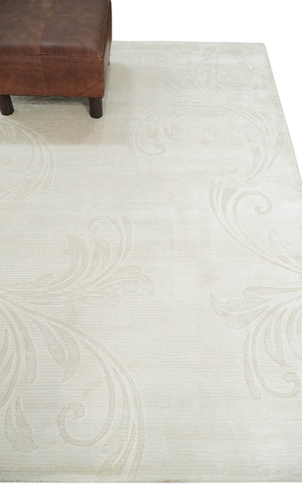 4x6 Hand Woven Silver and Ivory Modern Floral Art Silk Rug
