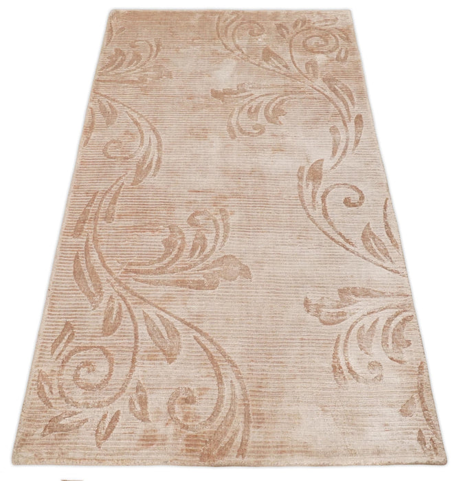 3x5 Hand Woven Beige and Peach Modern Floral Art Silk Rug