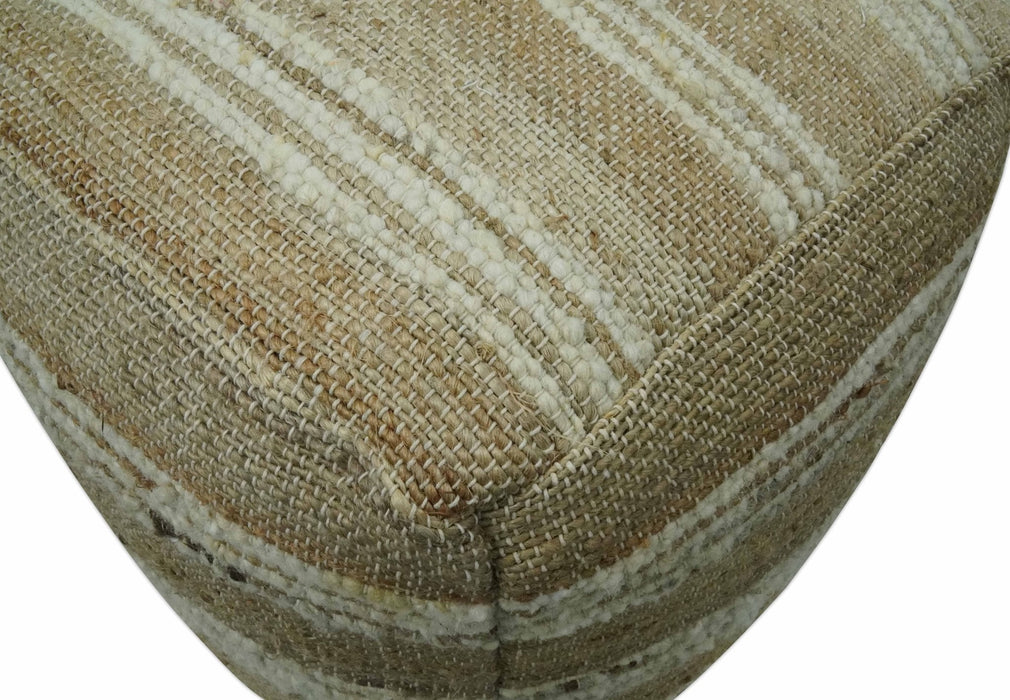 Hand Woven Beige and Ivory Stripes Design tassel Jute and wool Pouf