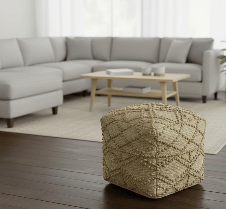 Hand Woven Beige Geometrical Design Jute Pouf