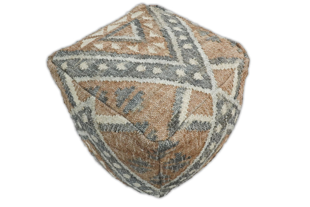 Hand Woven Boho Tribal Large Gray and Brown Jute and Wool Pouf | TRD118P
