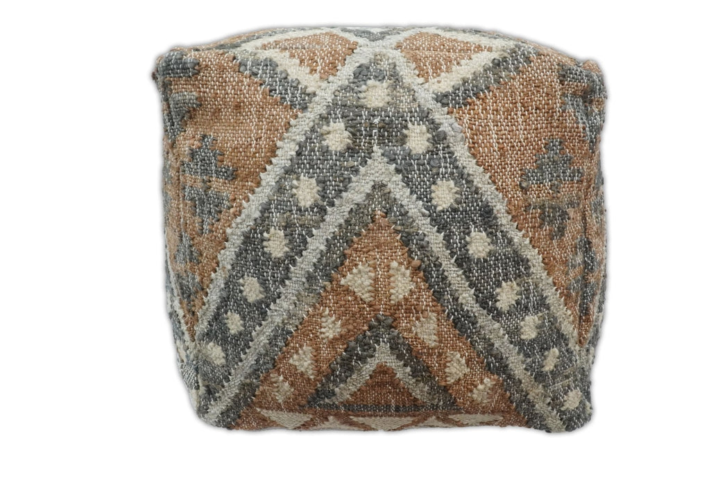 Hand Woven Boho Tribal Large Gray and Brown Jute and Wool Pouf | TRD118P