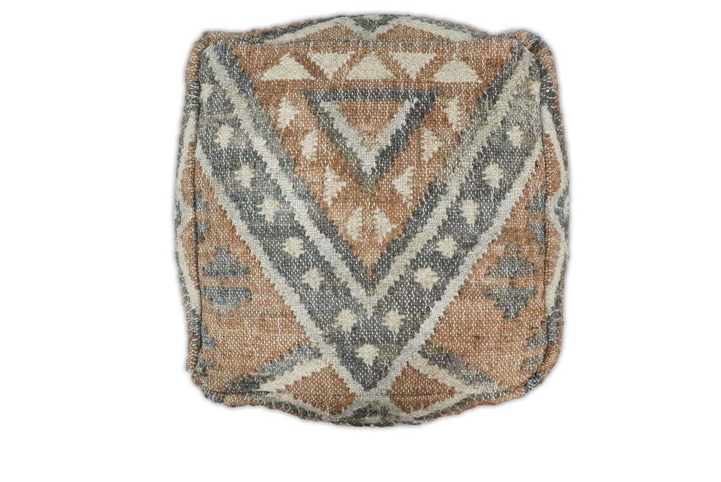 Hand Woven Boho Tribal Large Gray and Brown Jute and Wool Pouf | TRD118P
