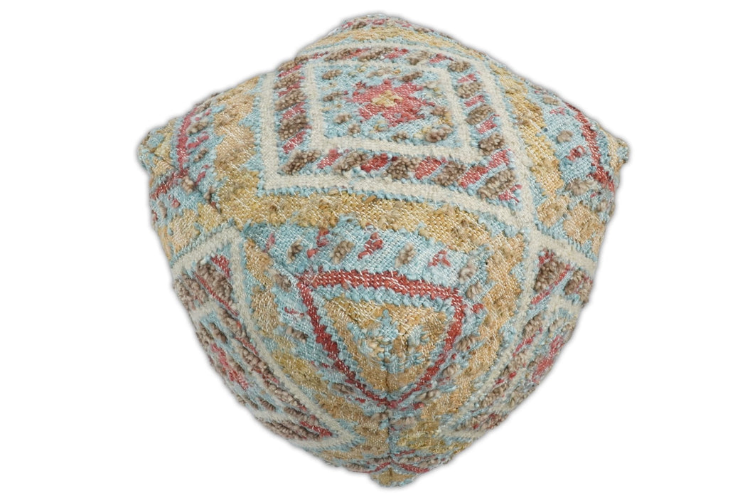 Hand Woven Boho Tribal Large Mustard and Blue Jute and Wool Pouf | TRD120P