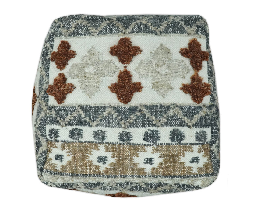 Hand woven Ivory, Gray and Brown Traditional Textured Jute and wool Pouf