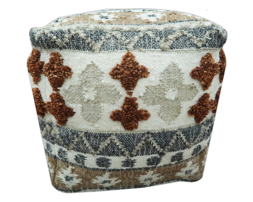 Hand woven Ivory, Gray and Brown Traditional Textured Jute and wool Pouf