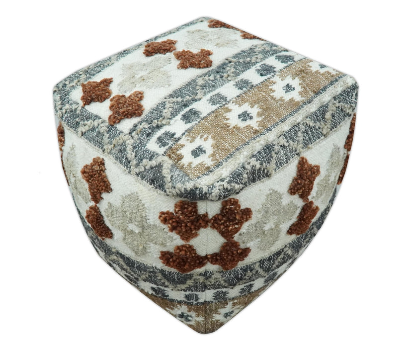 Hand woven Ivory, Gray and Brown Traditional Textured Jute and wool Pouf