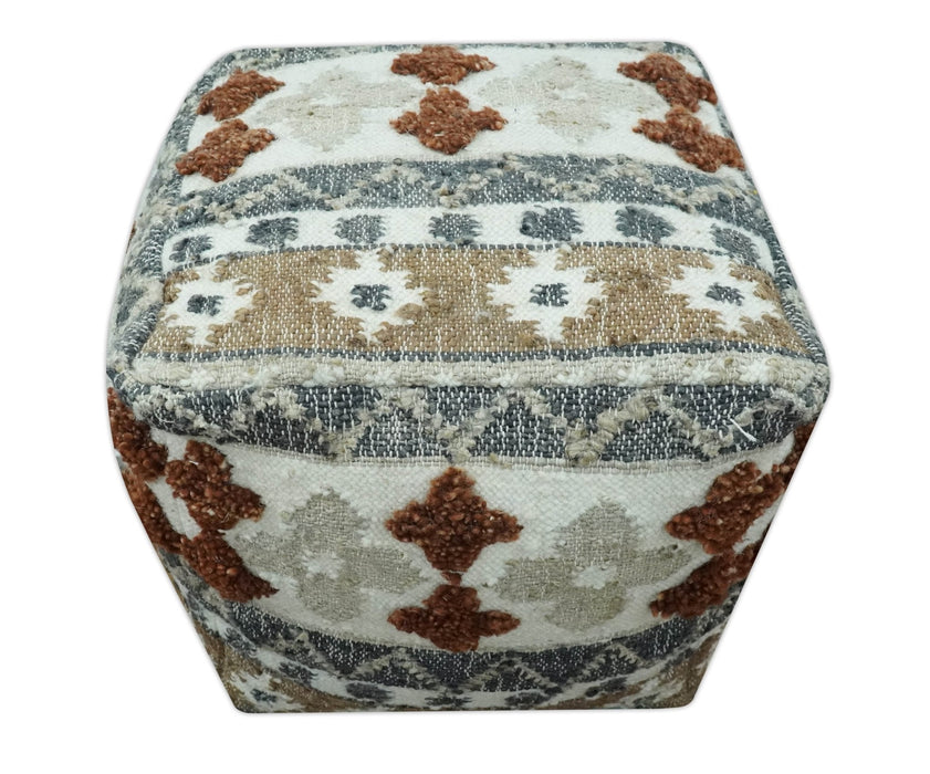 Hand woven Ivory, Gray and Brown Traditional Textured Jute and wool Pouf