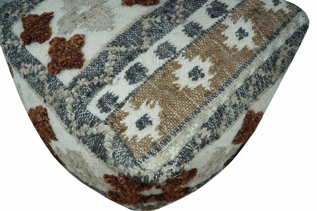 Hand woven Ivory, Gray and Brown Traditional Textured Jute and wool Pouf