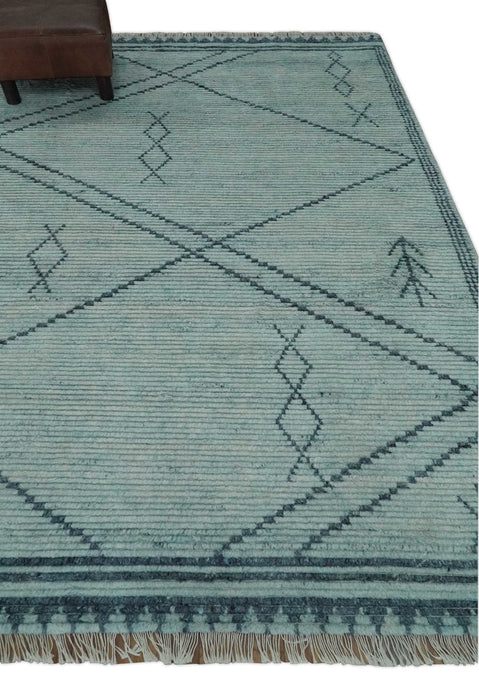 Custom Made Hand Woven Blue Abstract Trellis Moroccan Rug Made with Blended Wool