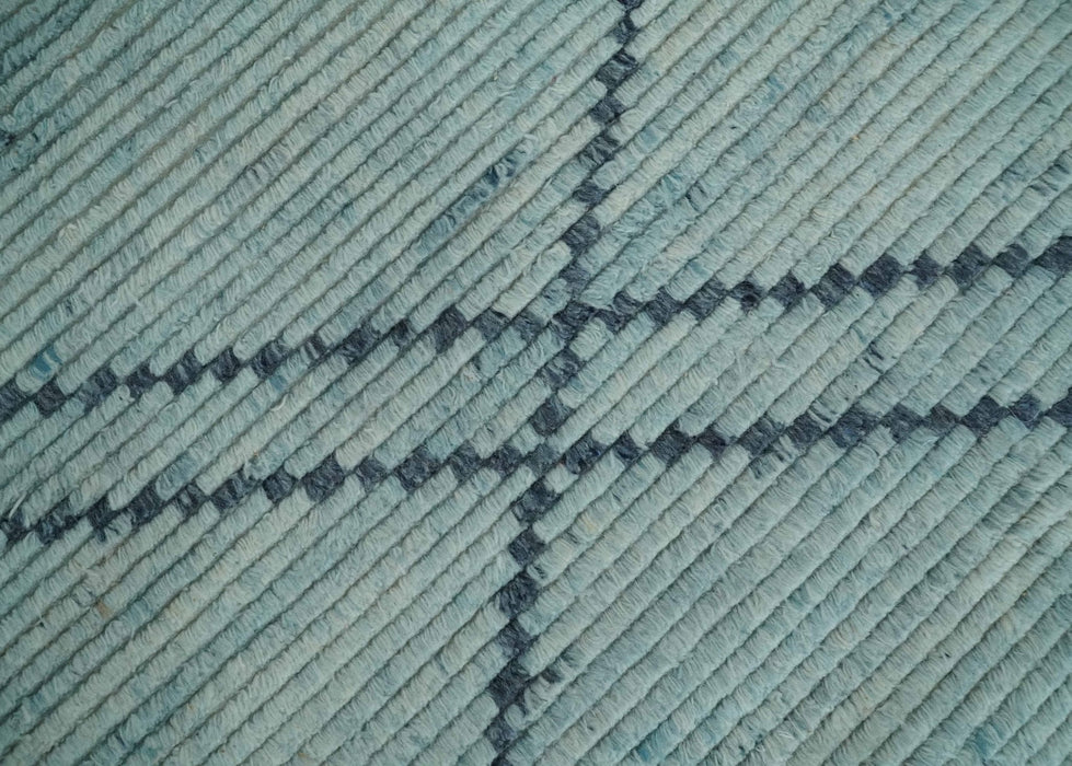 Custom Made Hand Woven Silver and Blue Abstract Trellis Moroccan Rug Made with Blended Wool