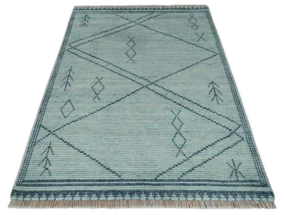 Custom Made Hand Woven Silver and Blue Abstract Trellis Moroccan Rug Made with Blended Wool