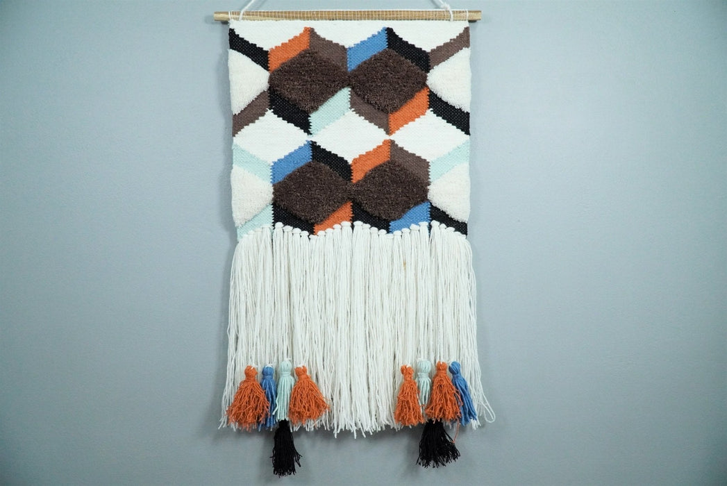 Hand Woven Wool Tapestry White and Brown Bohemian Modern Wall Hanging | WH9