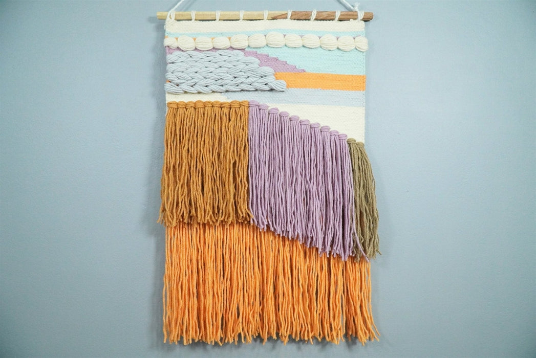 Hand Woven Wool Tapestry White, Blue and Gold Bohemian Modern Wall Hanging | WH12