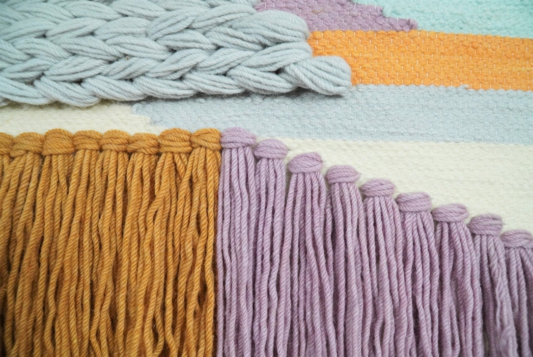 Hand Woven Wool Tapestry White, Blue and Gold Bohemian Modern Wall Hanging | WH12