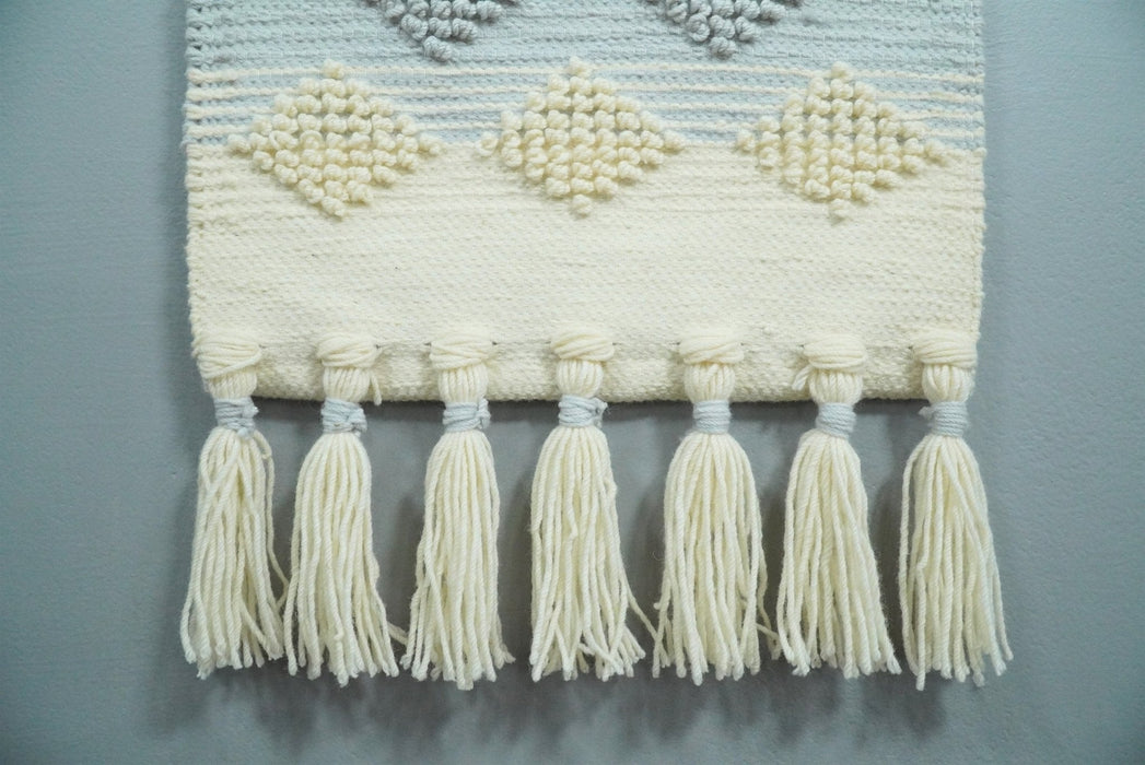 Hand Woven Wool Tapestry White, Blue and Pink Bohemian Modern Wall Hanging | WH13