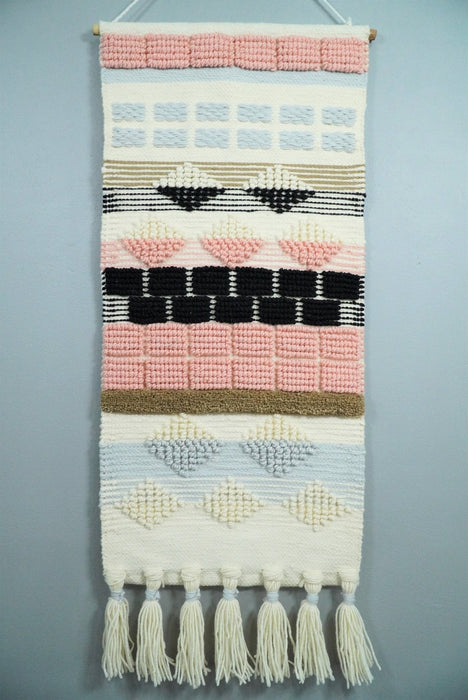 Hand Woven Wool Tapestry White, Blue and Pink Bohemian Modern Wall Hanging | WH13