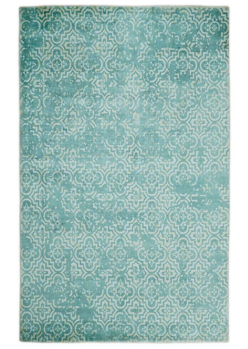 Handmade 5.7x7.11 Modern Blue Turquois Geometric Wool Blend Area Rug