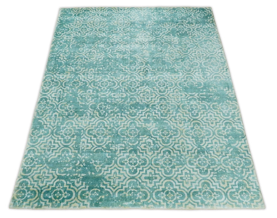 Handmade 5.7x7.11 Modern Blue Turquois Geometric Wool Blend Area Rug