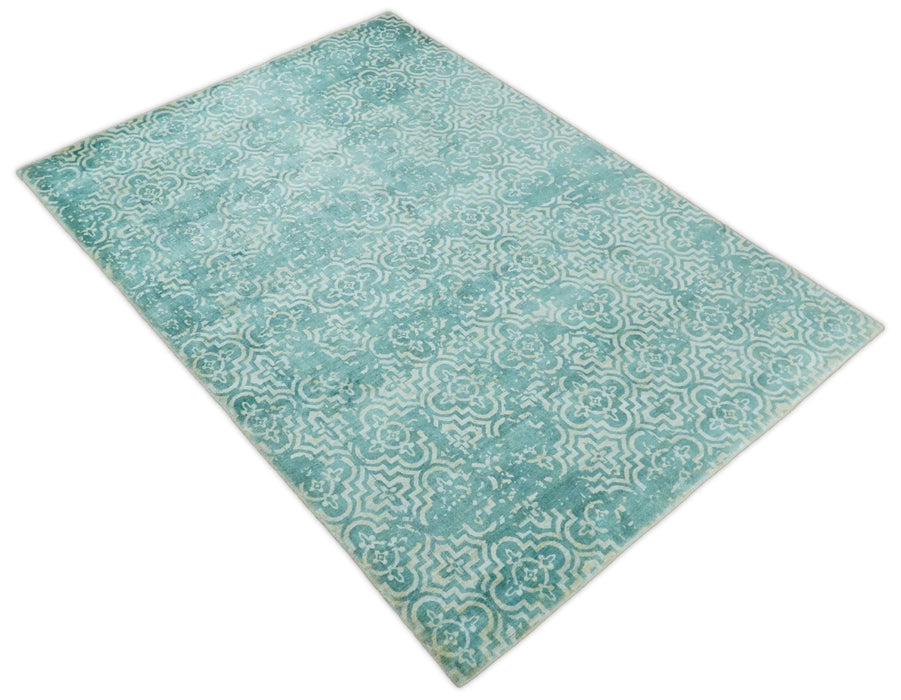 Handmade 5.7x7.11 Modern Blue Turquois Geometric Wool Blend Area Rug