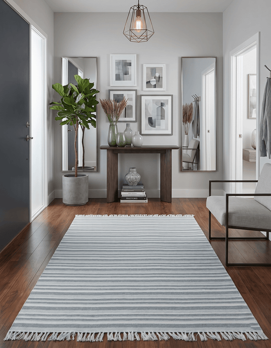 Handmade 5x8 Modern Stripes Pattern Blue And White Wool Rug