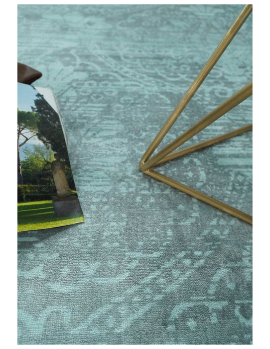 Handmade 6.8x9.10 Floral Blue Turquois Blended Wool and Bamboo Silk Area Rug