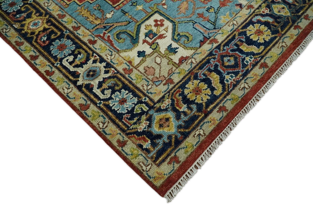 Rust, Blue and Beige Traditional Heriz Medallion Hand Knotted Multi Size Wool Area Rug