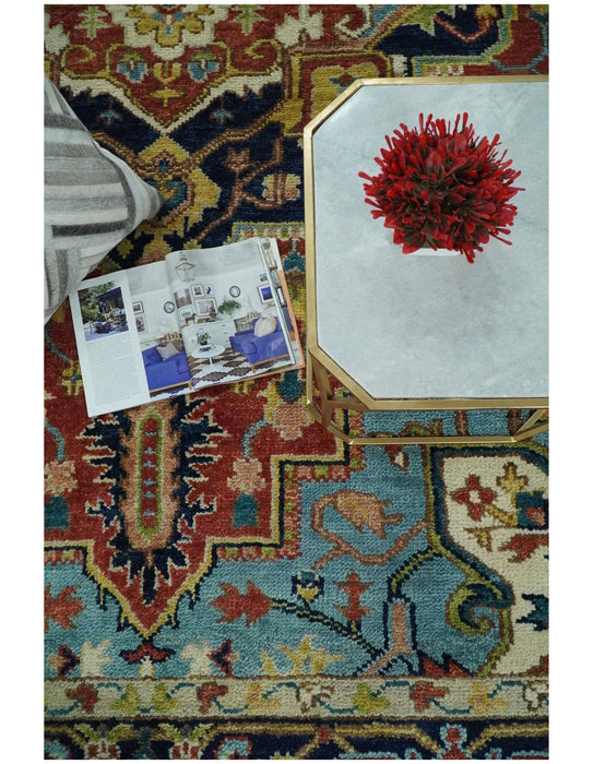 Rust, Blue and Beige Traditional Heriz Medallion Hand Knotted Multi Size Wool Area Rug