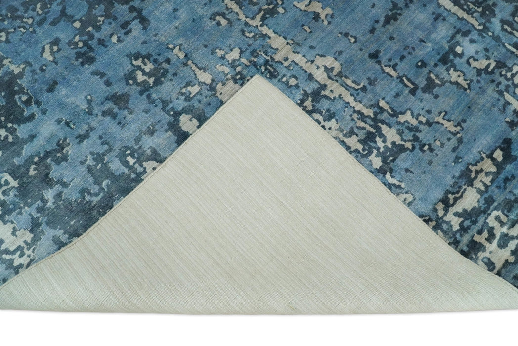 Handmade 8x10 Blue and Ivory Bamboo Silk Area Rug