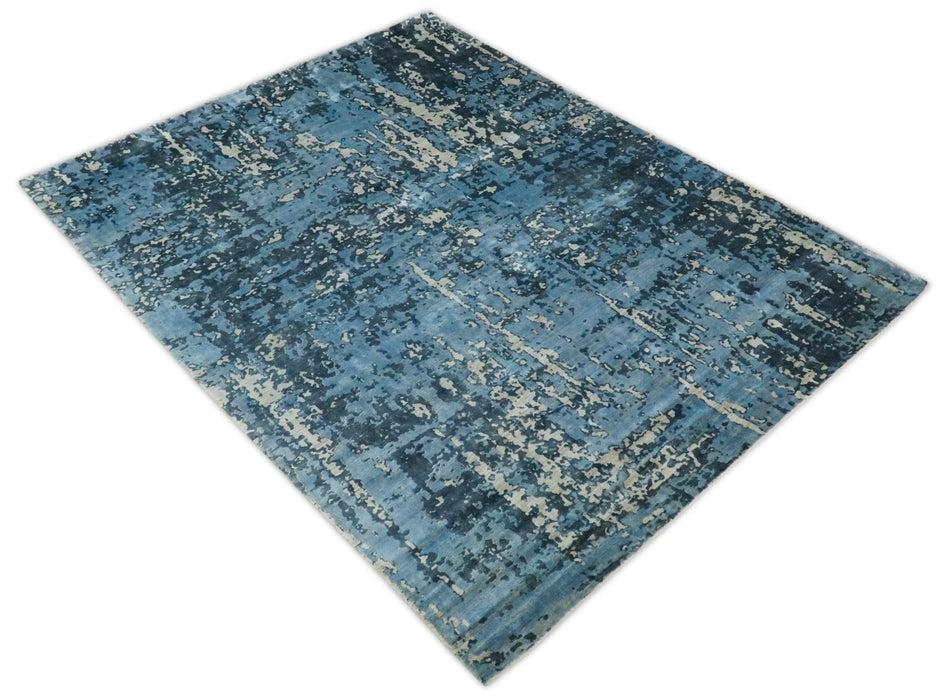 Handmade 8x10 Blue and Ivory Bamboo Silk Area Rug