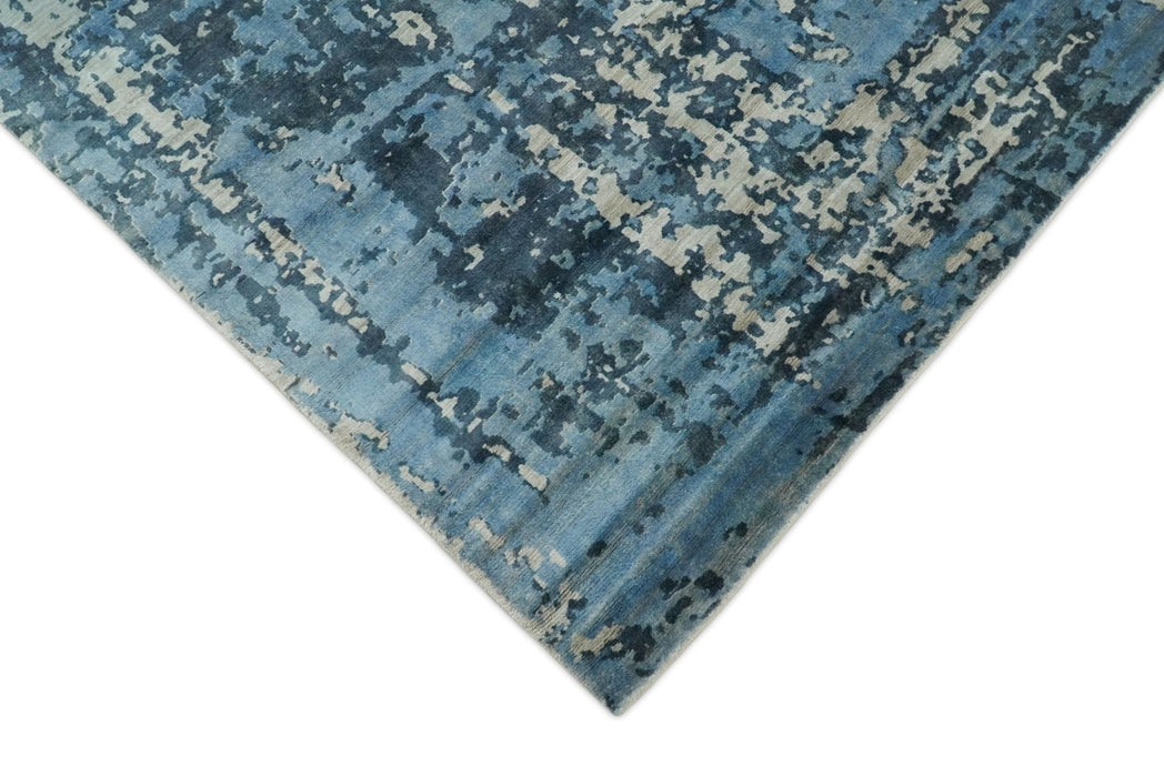Handmade 8x10 Blue and Ivory Bamboo Silk Area Rug