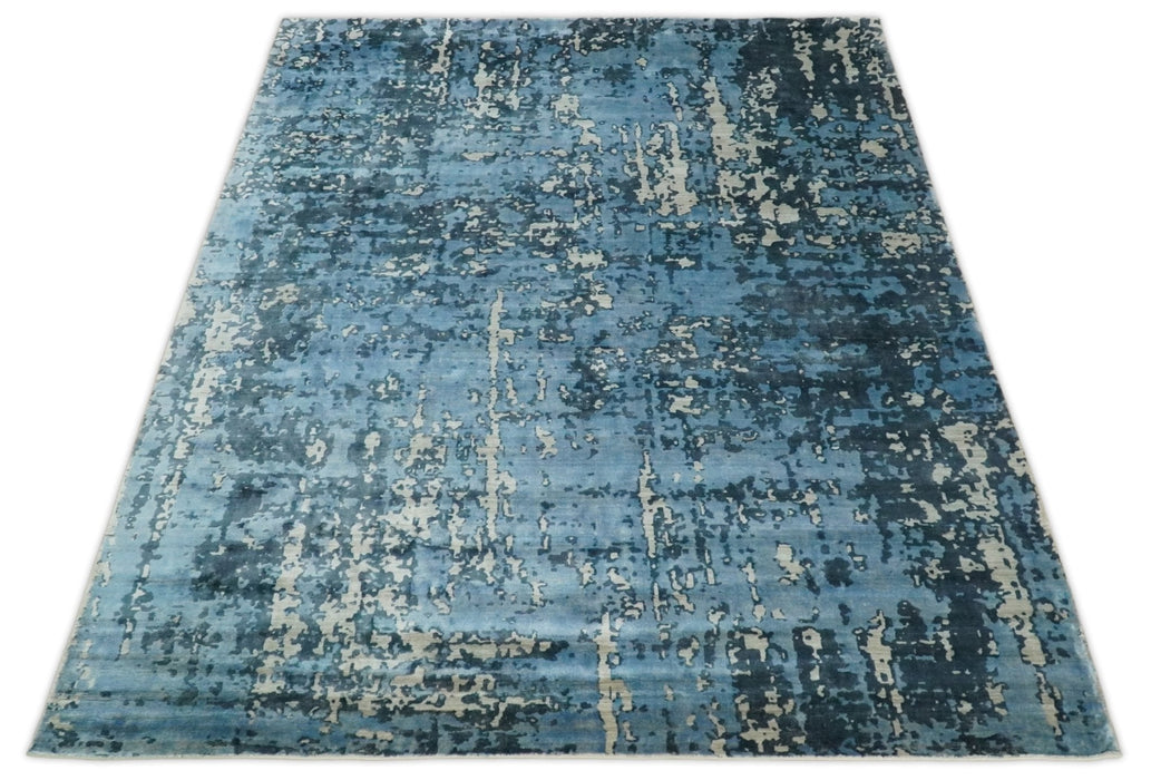 Handmade 8x10 Blue and Ivory Bamboo Silk Area Rug