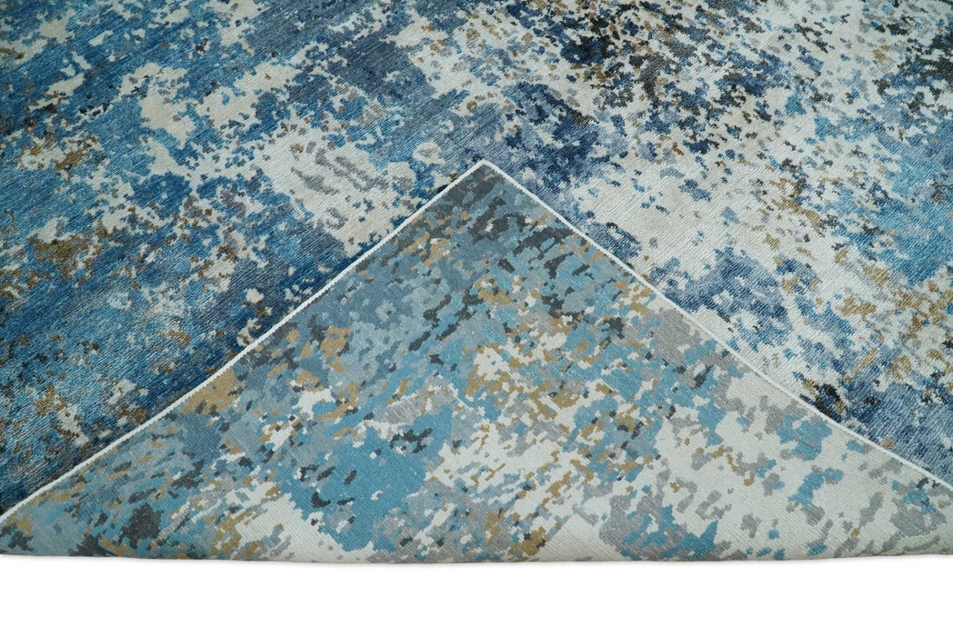 Handmade 8x10 Blue and Ivory Modern Abstract Bamboo Silk Area Rug  I TRDS1810
