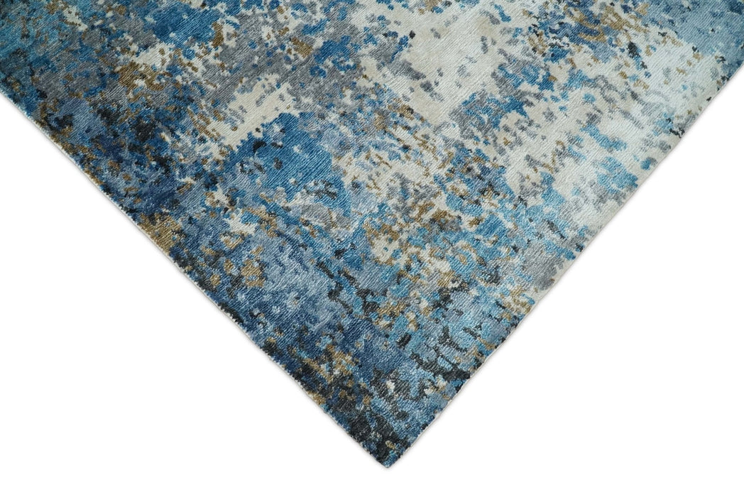 Handmade 8x10 Blue and Ivory Modern Abstract Bamboo Silk Area Rug  I TRDS1810