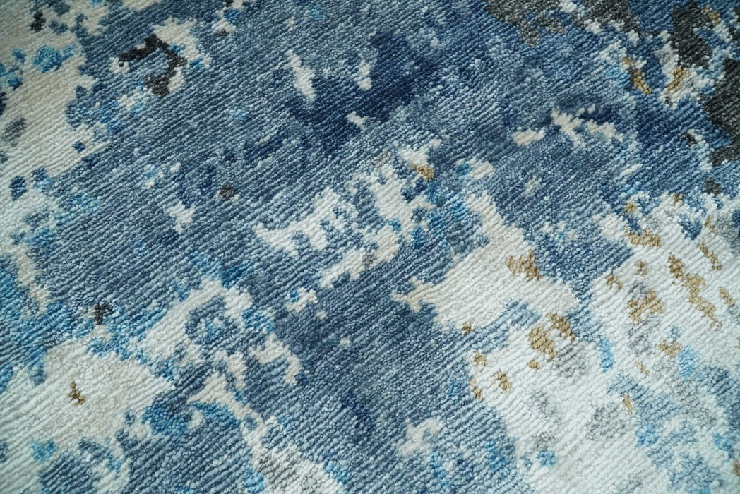 Handmade 8x10 Blue and Ivory Modern Abstract Bamboo Silk Area Rug  I TRDS1810