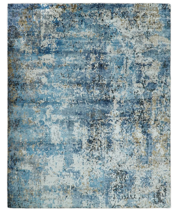 Handmade 8x10 Blue and Ivory Modern Abstract Bamboo Silk Area Rug  I TRDS1810