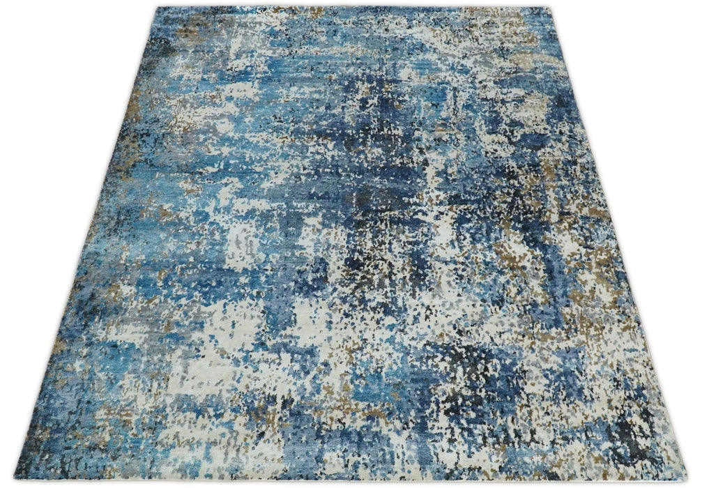 Handmade 8x10 Blue and Ivory Modern Abstract Bamboo Silk Area Rug  I TRDS1810