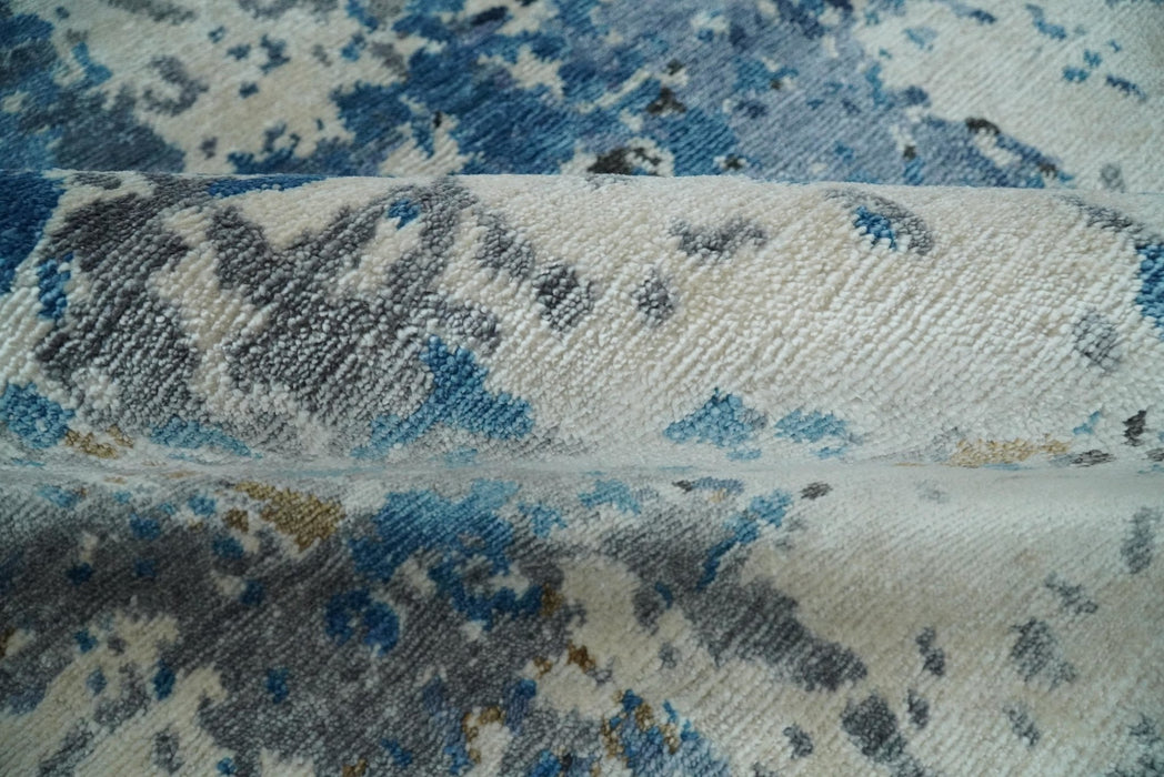Handmade 8x10 Blue and Ivory Modern Abstract Bamboo Silk Area Rug  I TRDS1810
